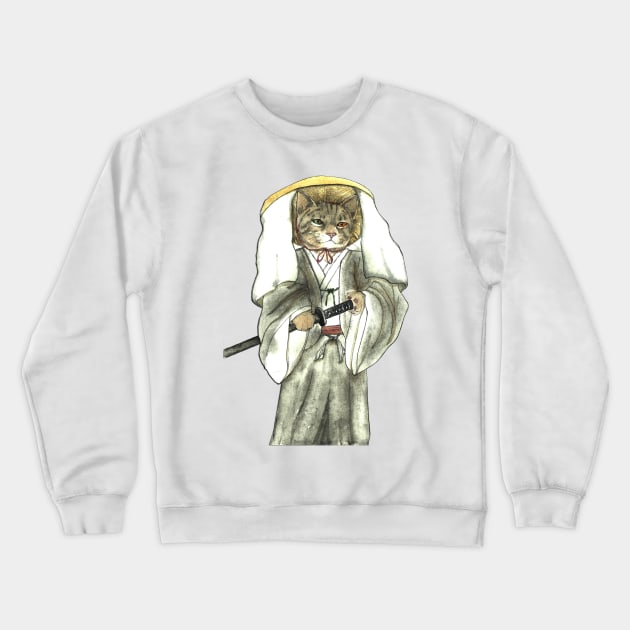 Samurai Cat with One Green Eye and One Yellow Eye Crewneck Sweatshirt by FelisSimha